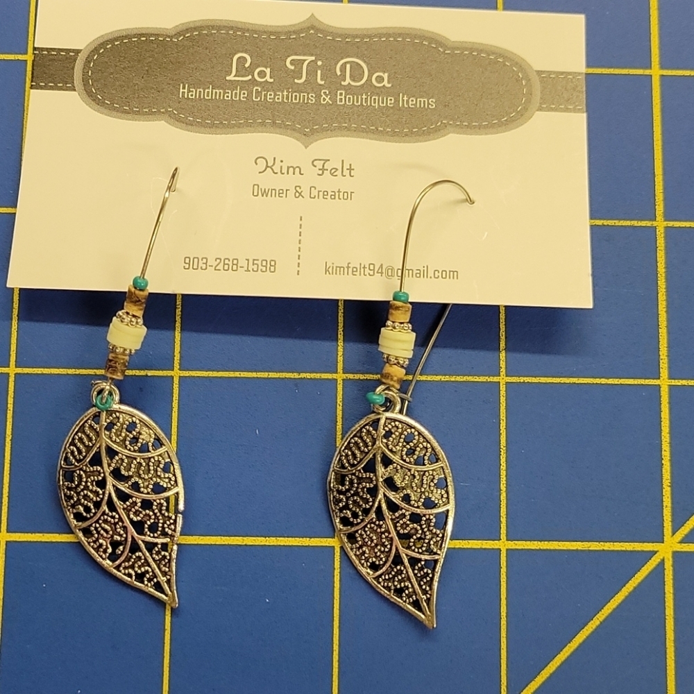 Handmade Earrings Faux Silver Feather Beaded